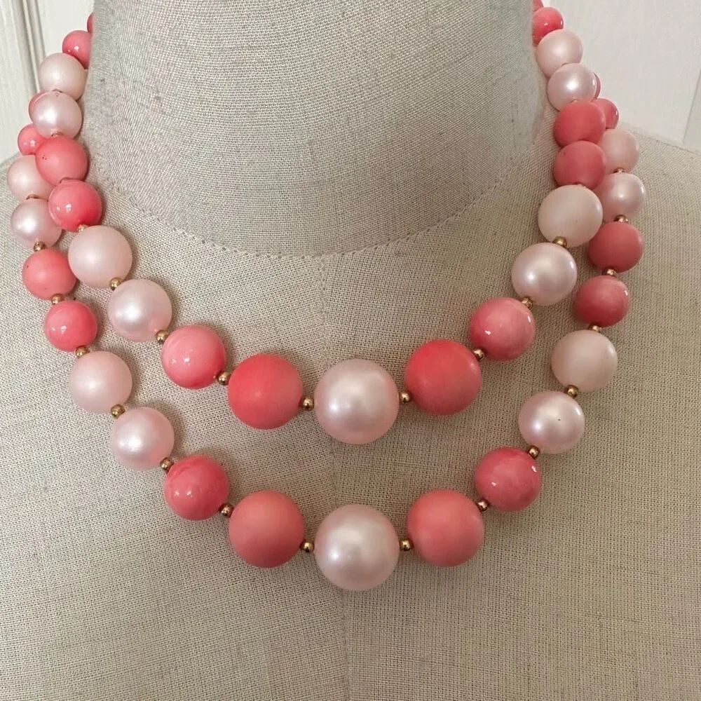 Pink beaded double strand vintage necklace